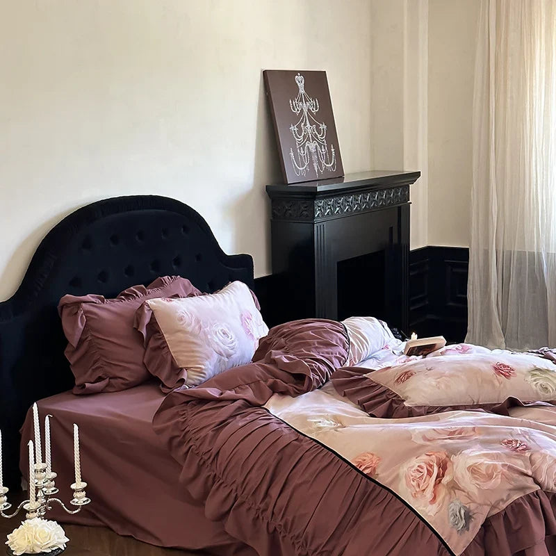 Quilted Bedding Set Cotton Satin Rose Watercolor Print