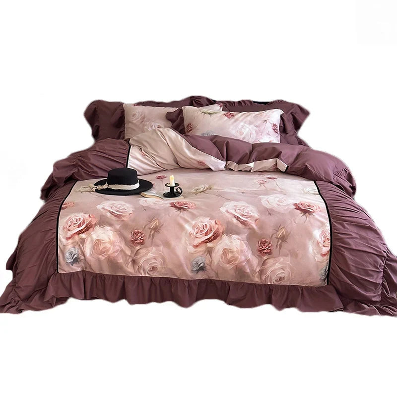 Quilted Bedding Set Cotton Satin Rose Watercolor Print