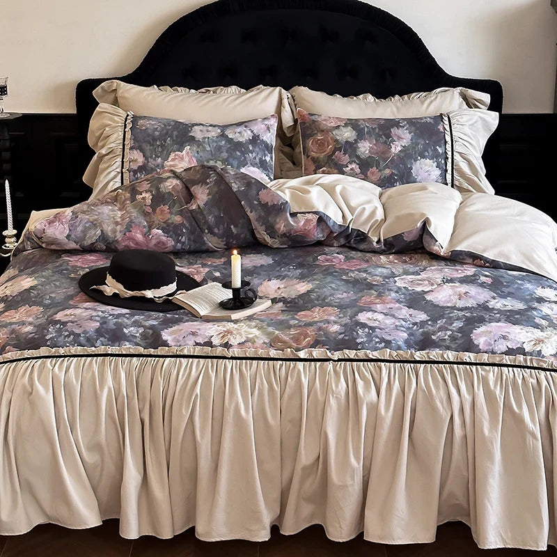Quilted Bedding Set Cotton Satin Rose Watercolor Print