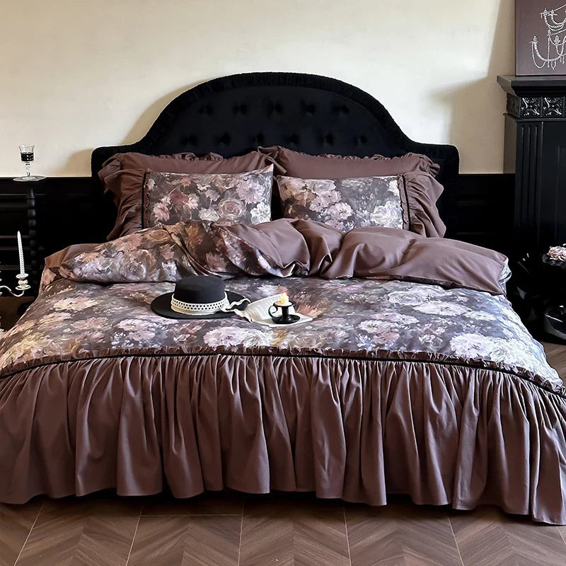 Quilted Bedding Set Cotton Satin Rose Watercolor Print