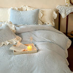 Quilted Bedding Set Jacquard Medallion Ruffle Accents Breathable Skin-Friendly