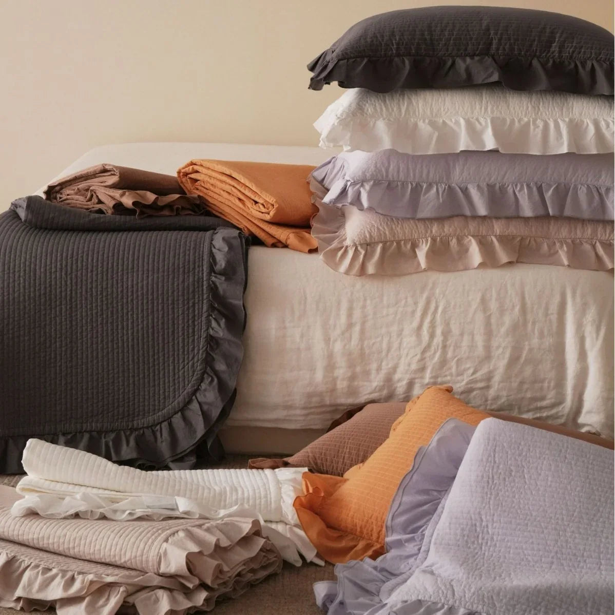 Quilted Bedding Set Stonewashed Cotton Ruffled Edges & Machine Washable