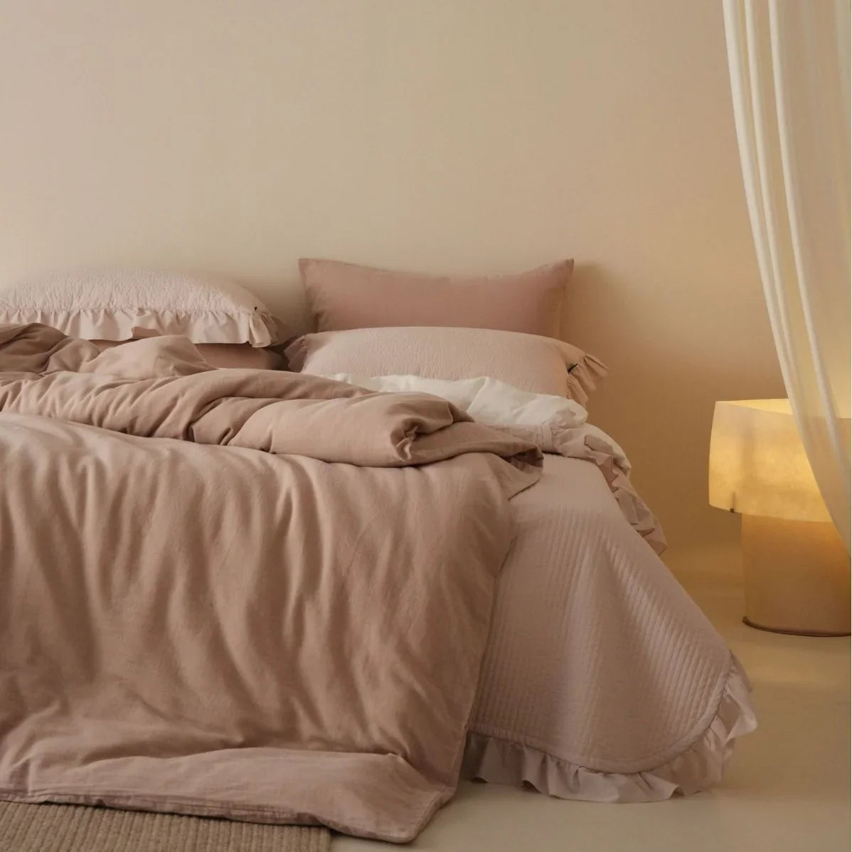 Quilted Bedding Set Stonewashed Cotton Ruffled Edges & Machine Washable
