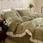 Quilted Bedding Set Tone-On-Tone Floral Embroidery Ruffled Hem