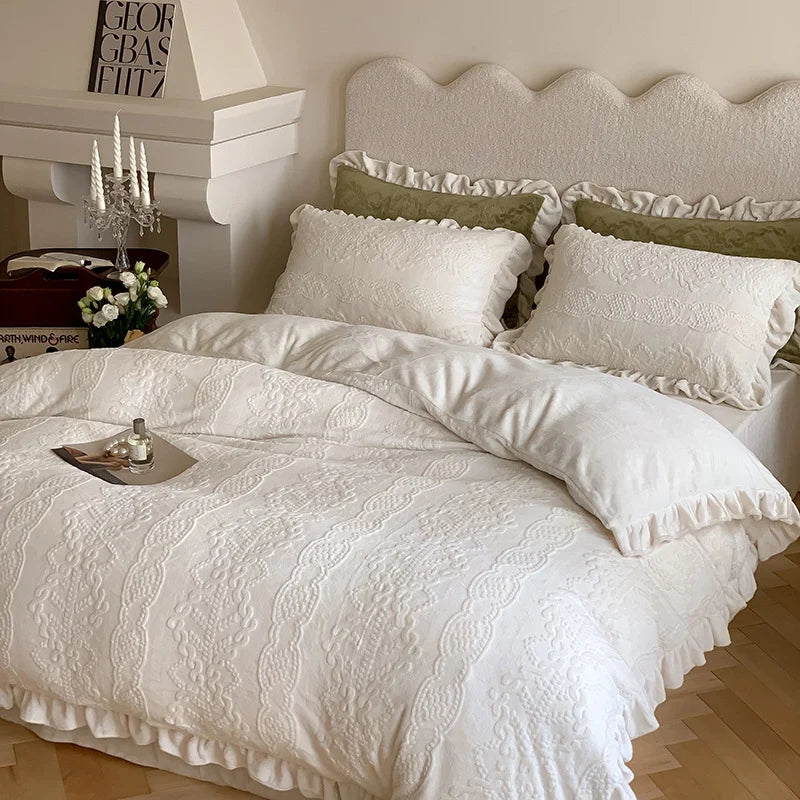 Quilted Bedding Set Tone-On-Tone Floral Embroidery Ruffled Hem