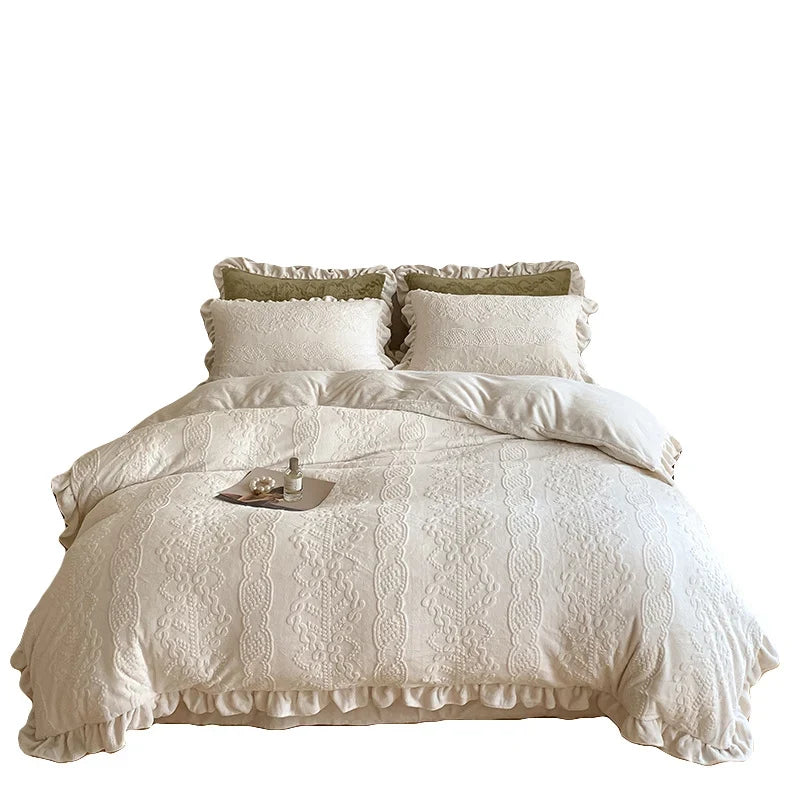 Quilted Bedding Set Tone-On-Tone Floral Embroidery Ruffled Hem