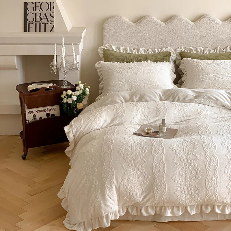 Quilted Bedding Set Tone-On-Tone Floral Embroidery Ruffled Hem