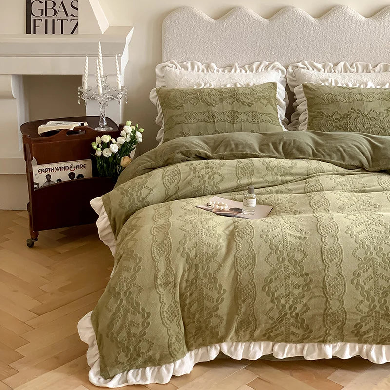 Quilted Bedding Set Tone-On-Tone Floral Embroidery Ruffled Hem
