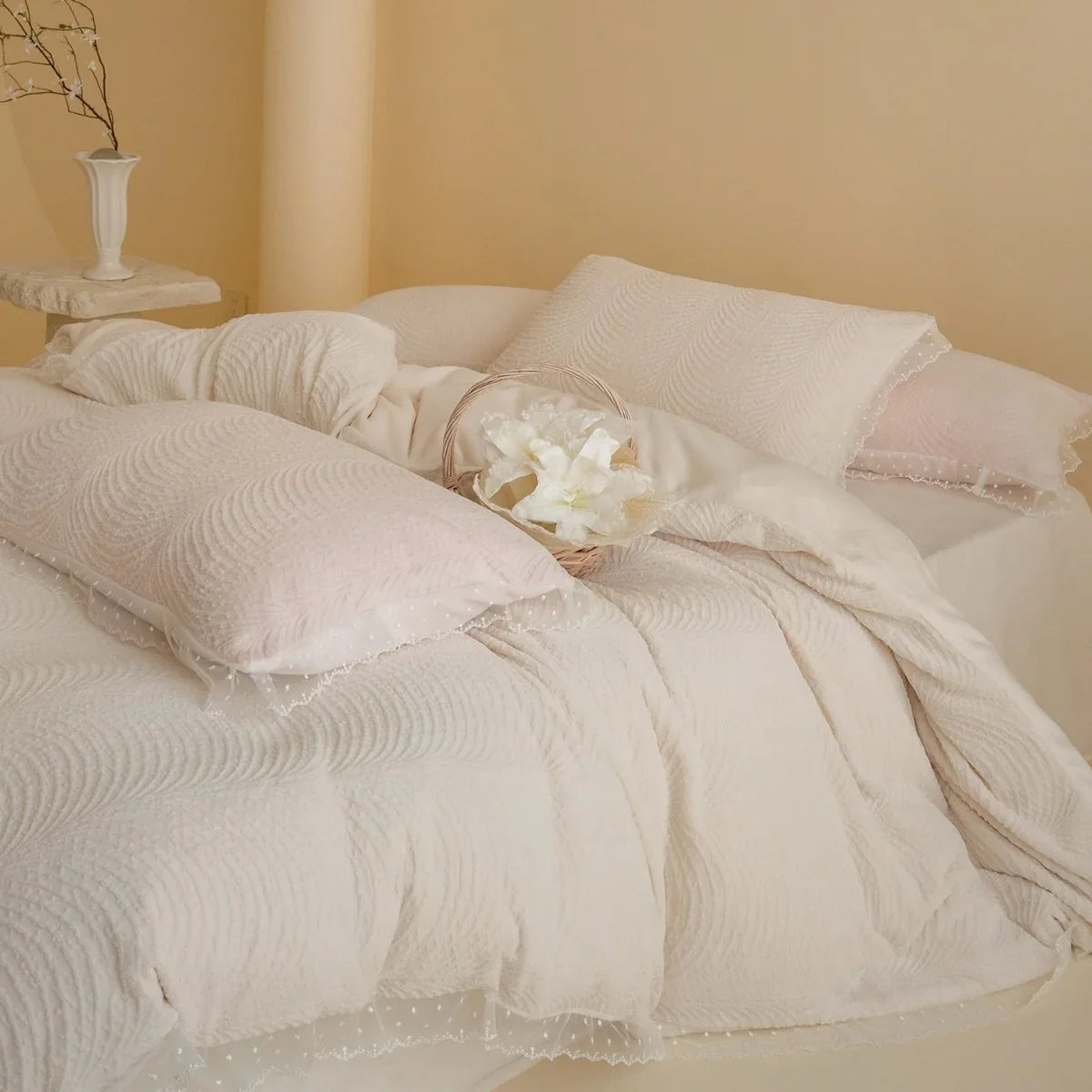 Quilted Bedding Set Wave Quilting & Lace Trim