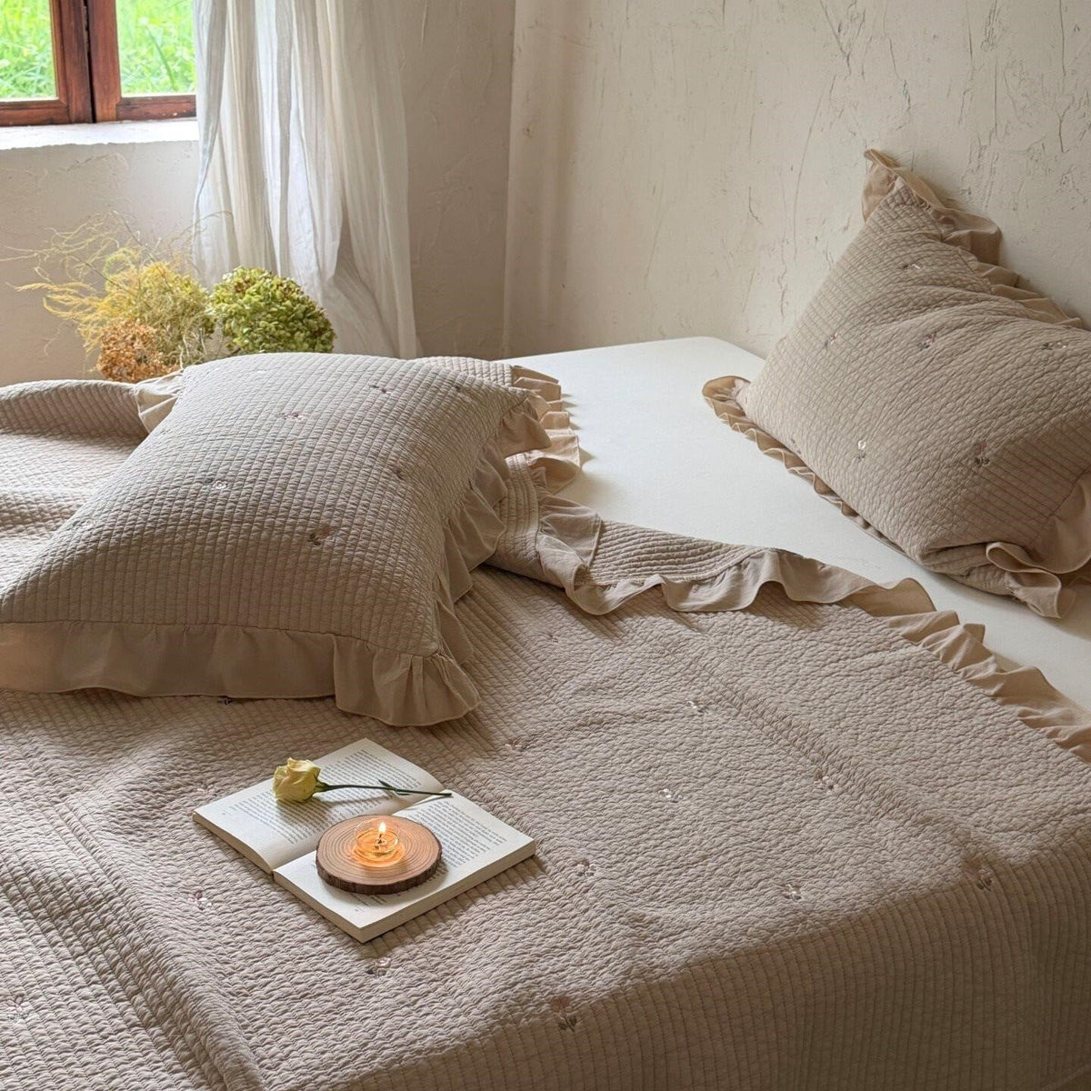 Quilted Bedspread Set Cotton Percale Floral Embroidery