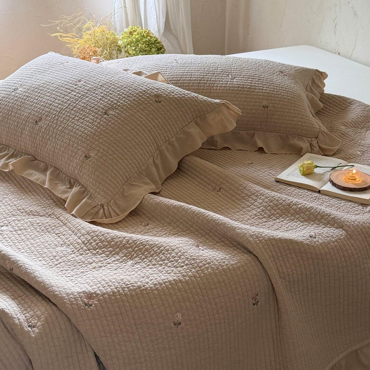 Quilted Bedspread Set Cotton Percale Floral Embroidery