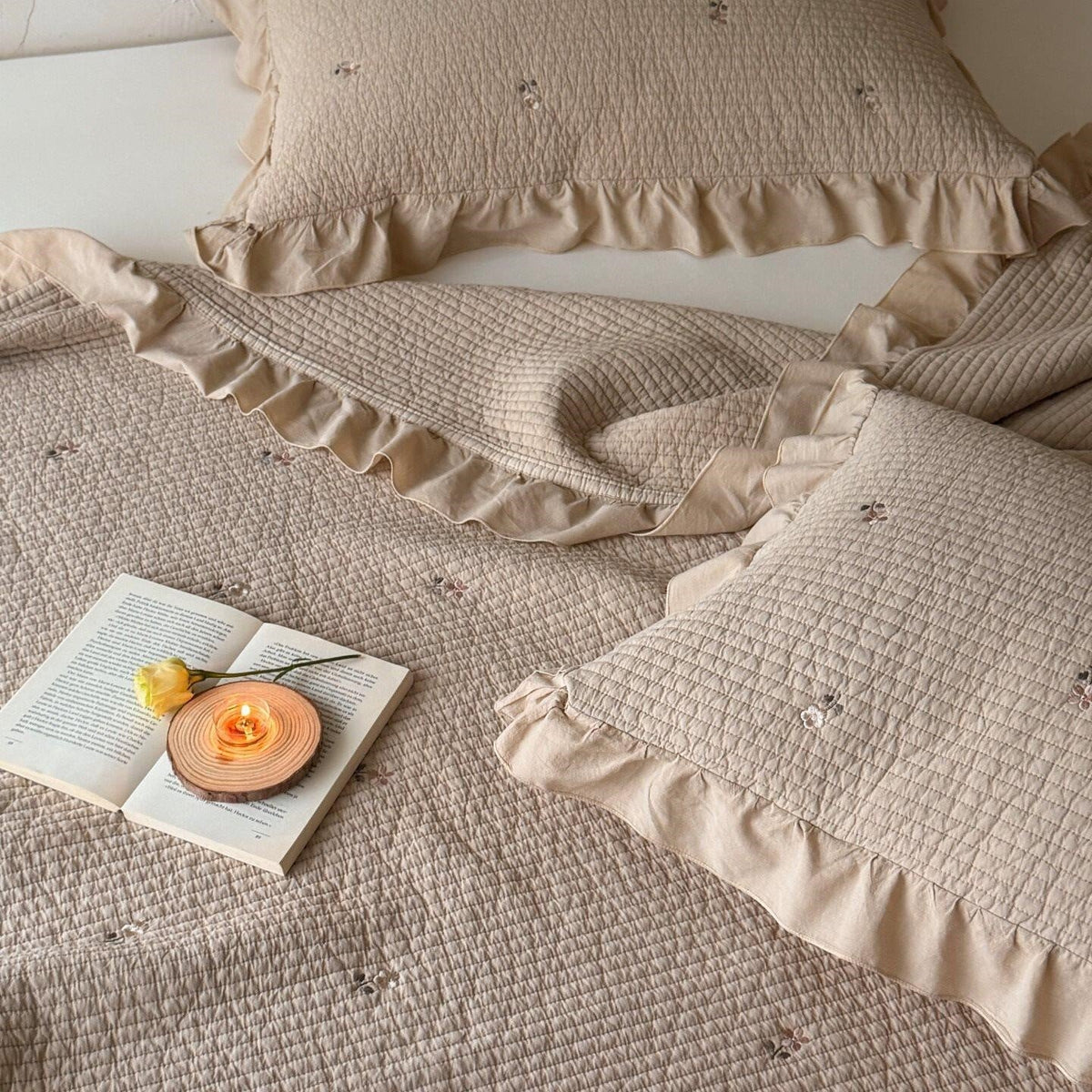 Quilted Bedspread Set Cotton Percale Floral Embroidery