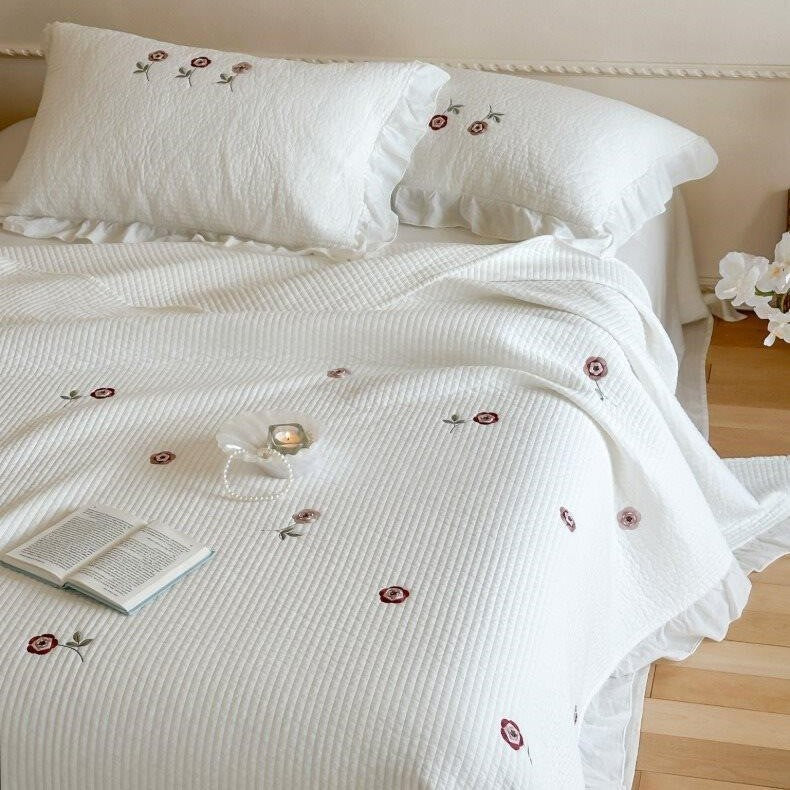 Quilted Bedspread Set Cotton Percale Floral Embroidery