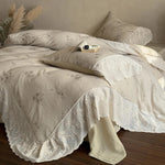 Quilted Bedspread Set Embroidered Floral Ruffle & Breathable Cotton Blend