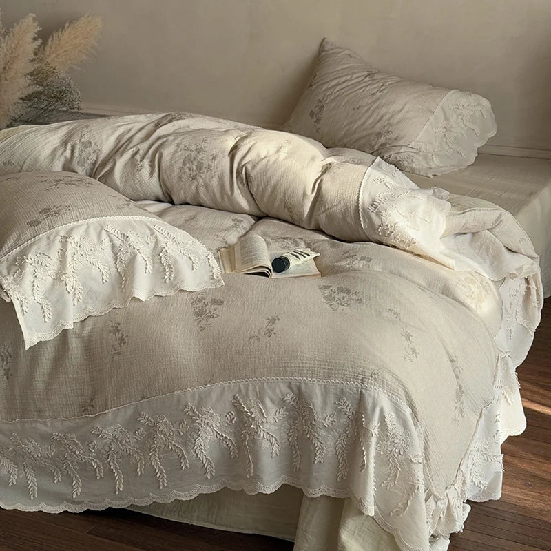 Quilted Bedspread Set Embroidered Floral Ruffle & Breathable Cotton Blend