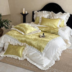 Quilted Bedspread Set Jacquard Satin Ruffles & Lace Machine Washable