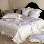 Quilted Bedspread Set Jacquard Satin Ruffles & Lace Machine Washable