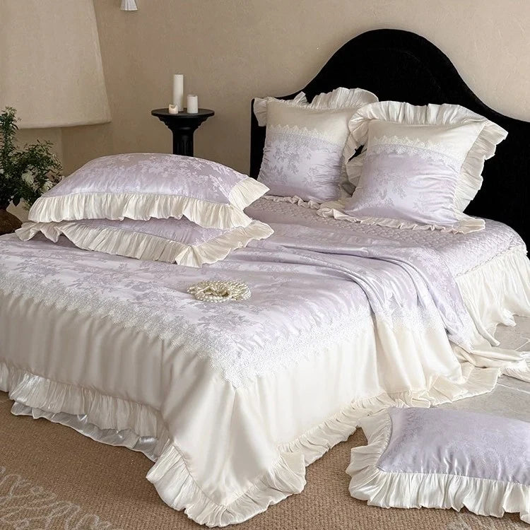 Quilted Bedspread Set Jacquard Satin Ruffles & Lace Machine Washable