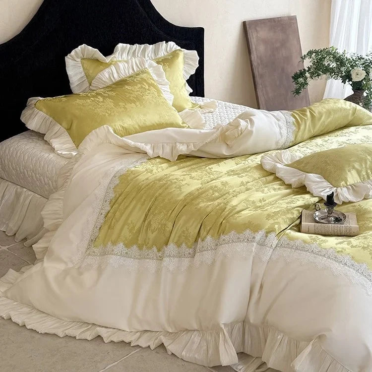 Quilted Bedspread Set Jacquard Satin Ruffles & Lace Machine Washable