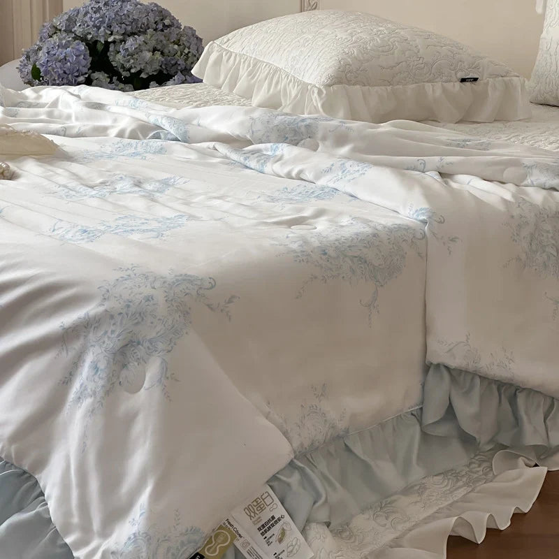 Quilted Bedspread Set Reversible Satin Ruffle Trim Machine Washable