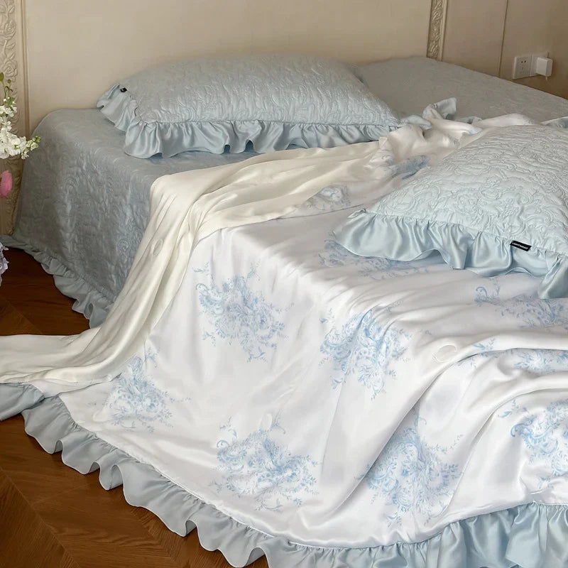 Quilted Bedspread Set Reversible Satin Ruffle Trim Machine Washable