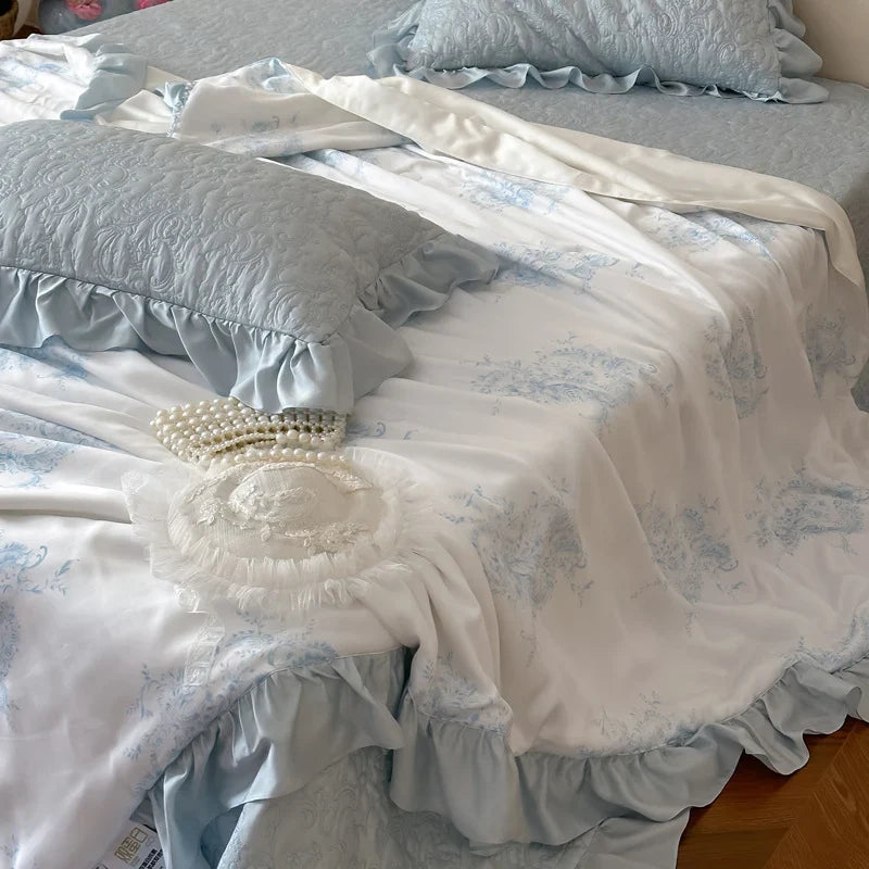 Quilted Bedspread Set Reversible Satin Ruffle Trim Machine Washable