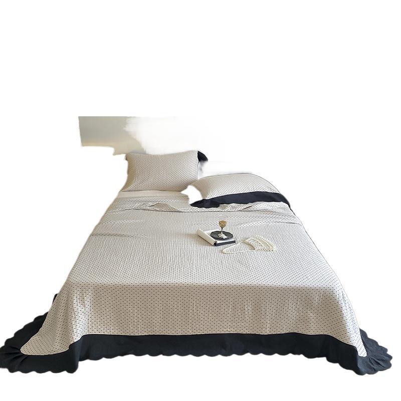 Quilted Bedspread Set Waffle Texture & Ruffle Trim Cotton Blend