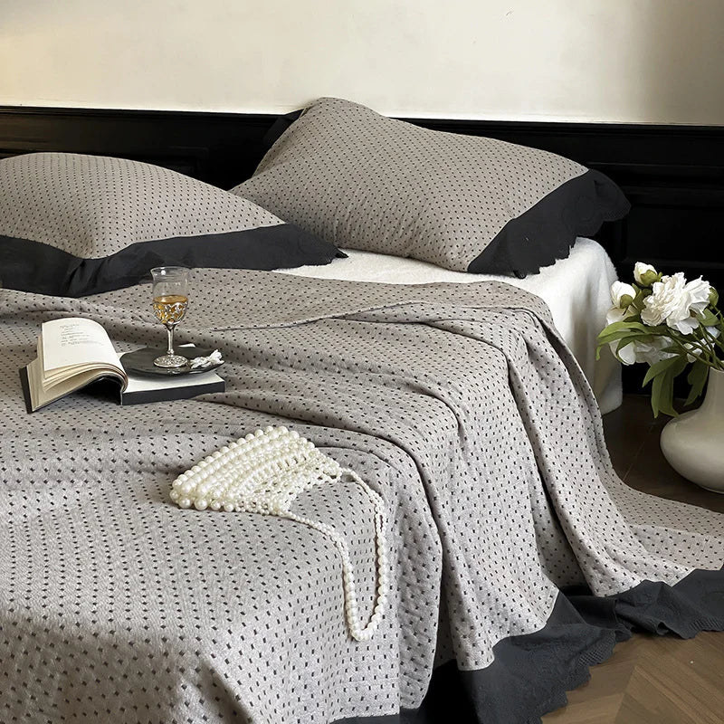 Quilted Bedspread Set Waffle Texture & Ruffle Trim Cotton Blend