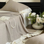Quilted Bedspread Set Waffle Texture & Ruffle Trim Cotton Blend