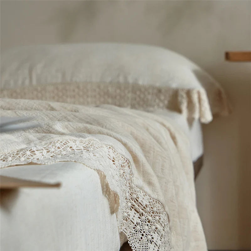 Quilted Bedspread Washed Linen Look Lightweight Crochet Lace Trim