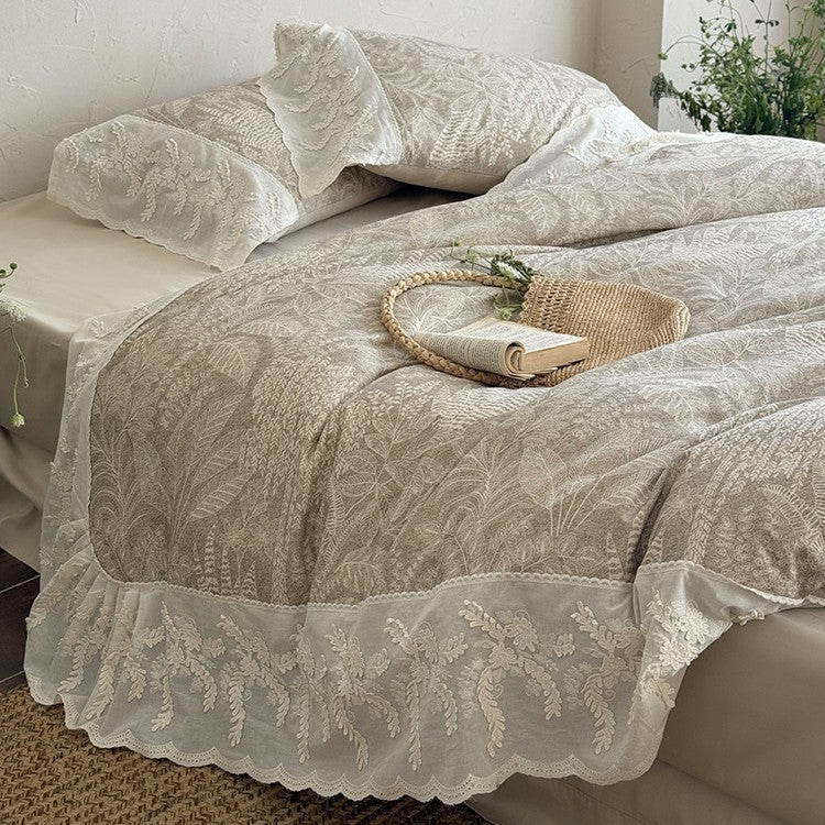 Quilted Duvet Set Botanical Jacquard & Lace Ruffle 4-Piece
