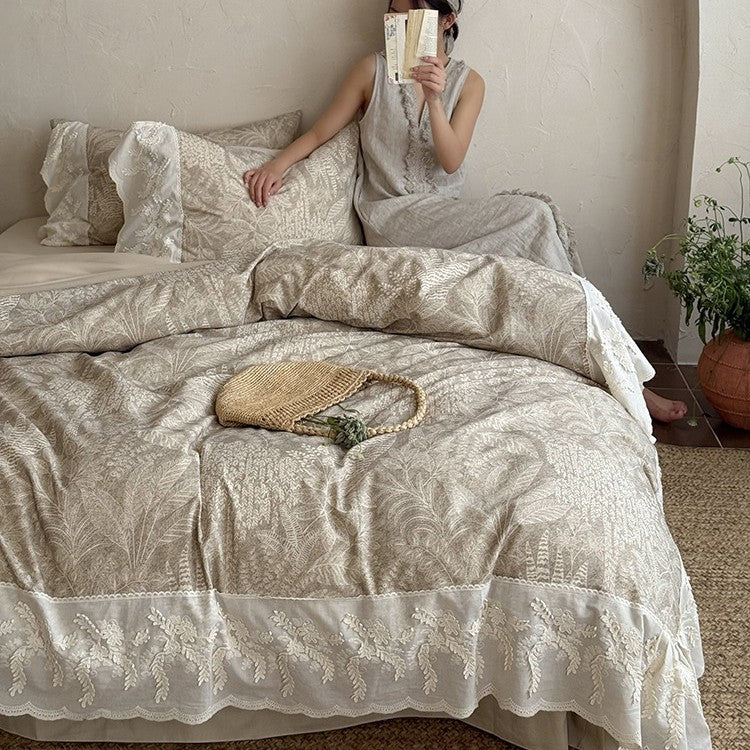 Quilted Duvet Set Botanical Jacquard & Lace Ruffle 4-Piece