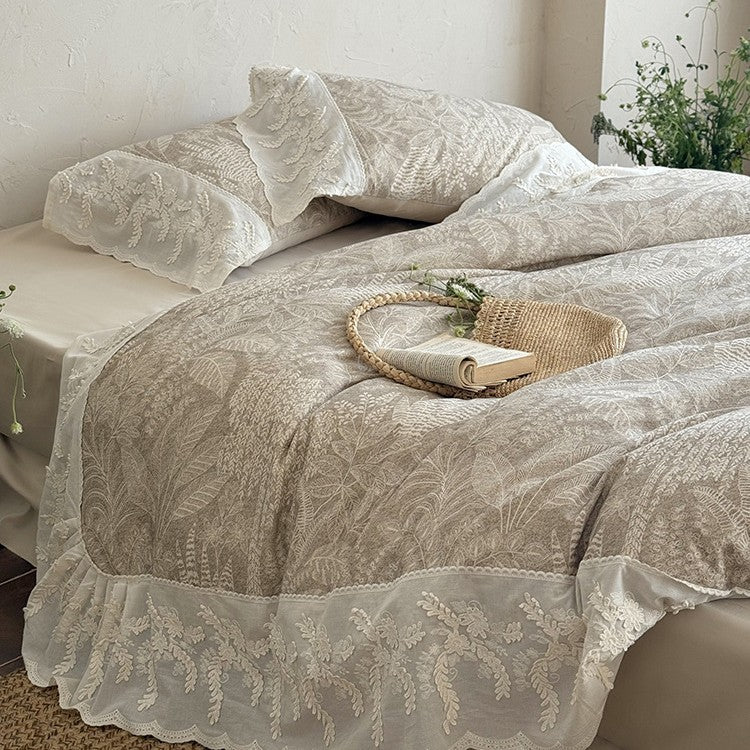 Quilted Duvet Set Botanical Jacquard & Lace Ruffle 4-Piece