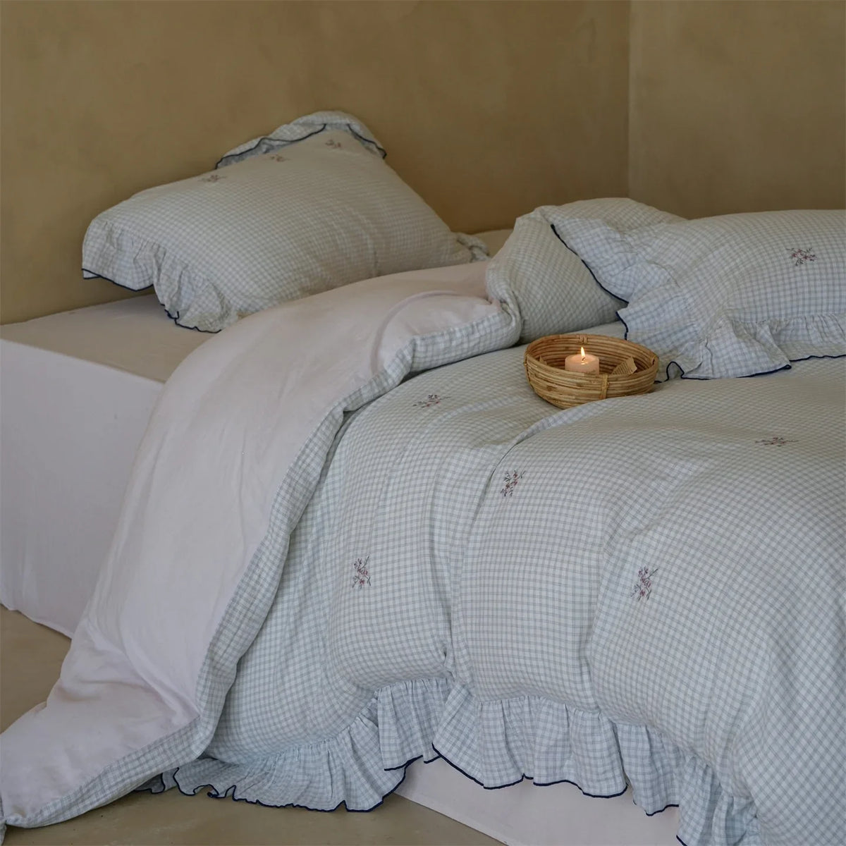 Quilted Duvet Set Cotton Blend Gingham & Floral Embroidery