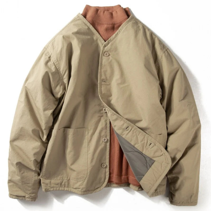 Quilted Jacket Lightweight Collarless Button-Front with Patch Pockets