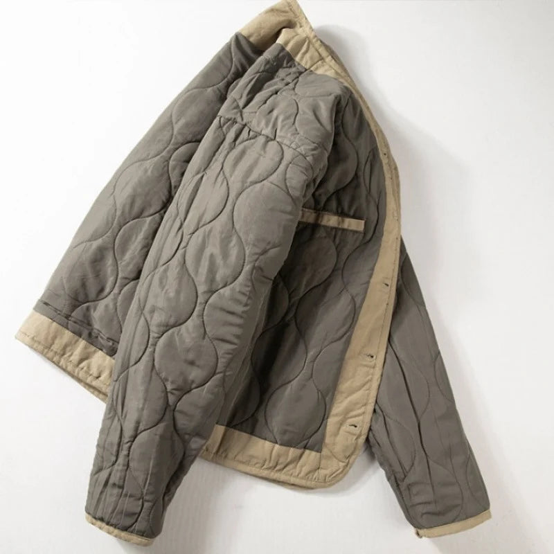 Quilted Jacket Lightweight Collarless Button-Front with Patch Pockets