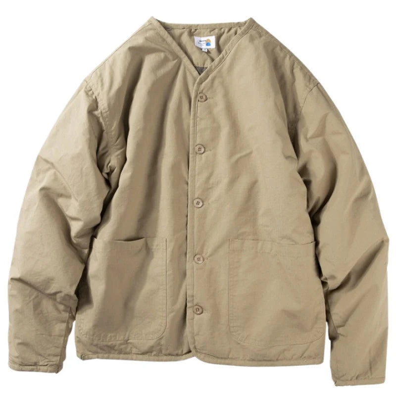 Quilted Jacket Lightweight Collarless Button-Front with Patch Pockets