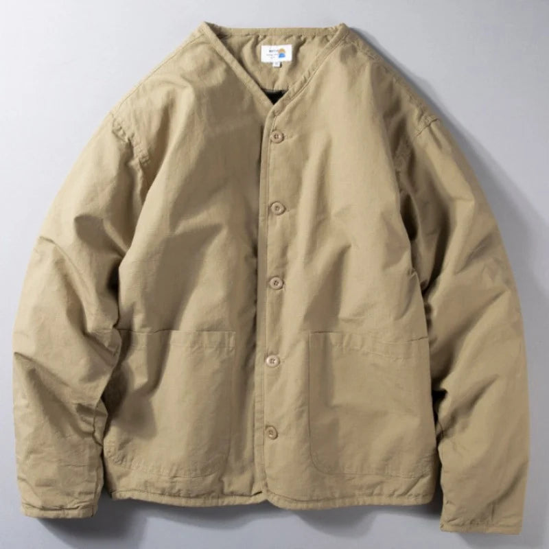 Quilted Jacket Lightweight Collarless Button-Front with Patch Pockets