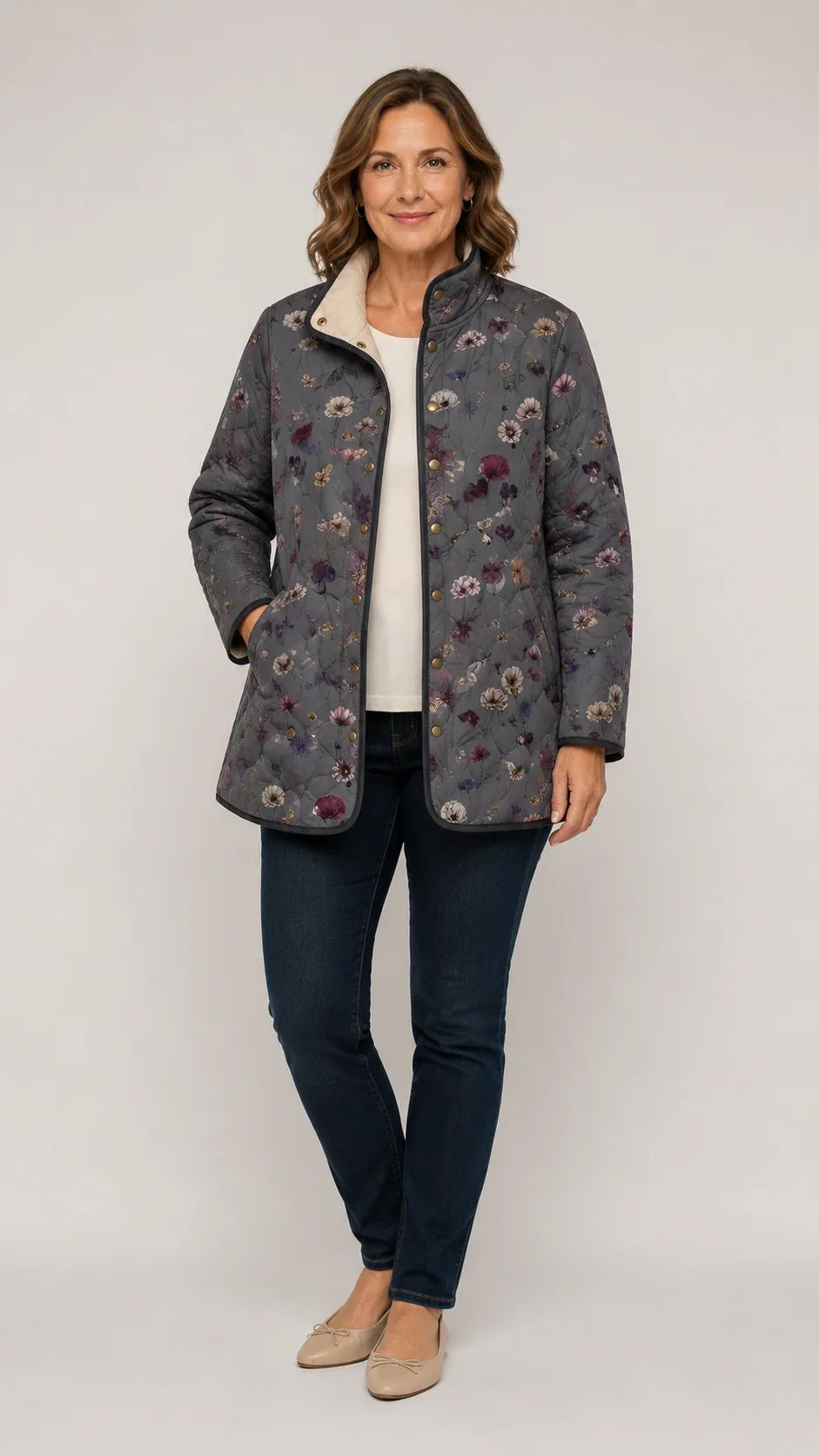 Quilted Jacket Lightweight Floral Print Relaxed Fit