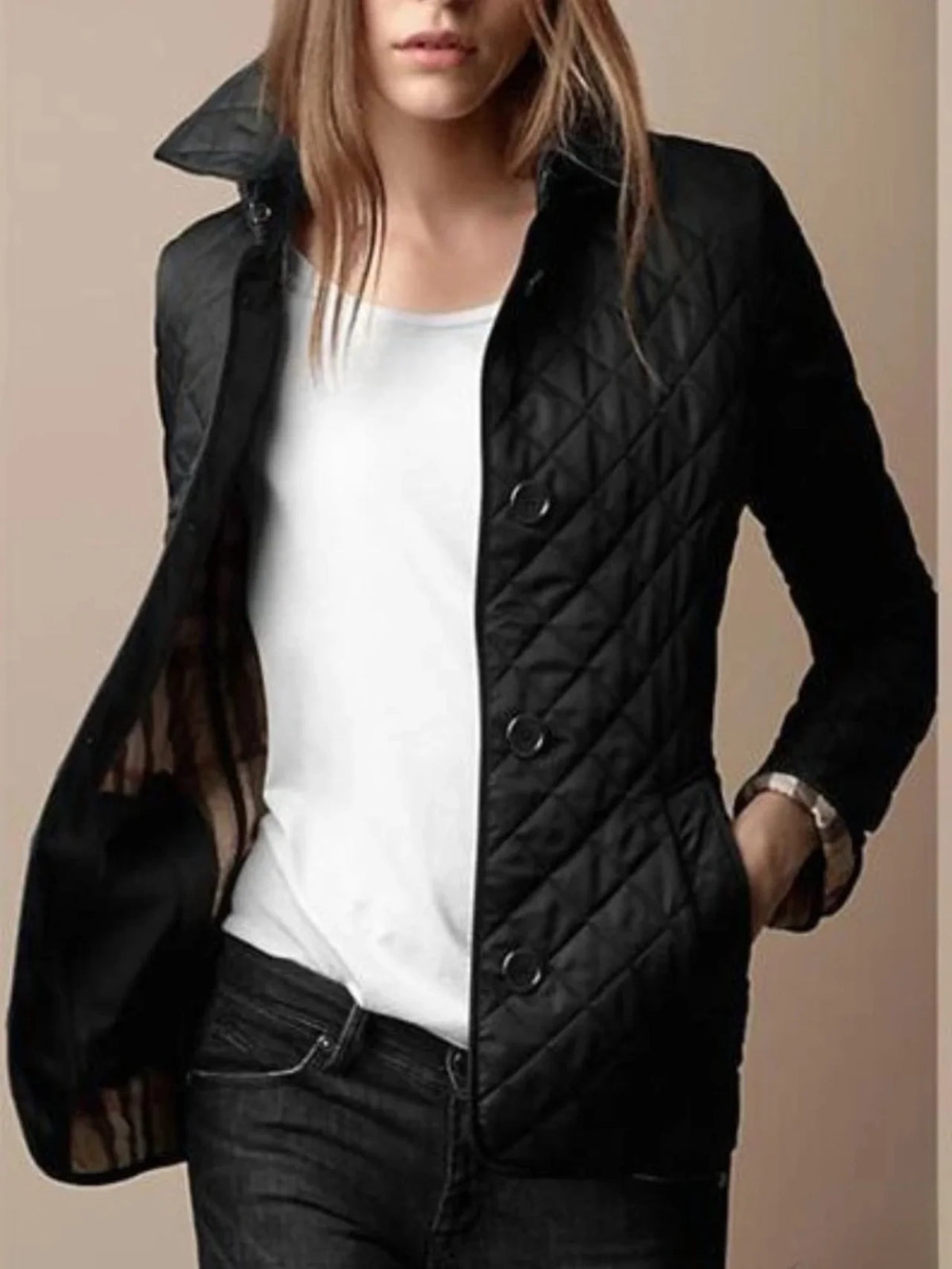 Quilted Jacket Lightweight Warmth Snap-Button Closure Turn-Down Collar