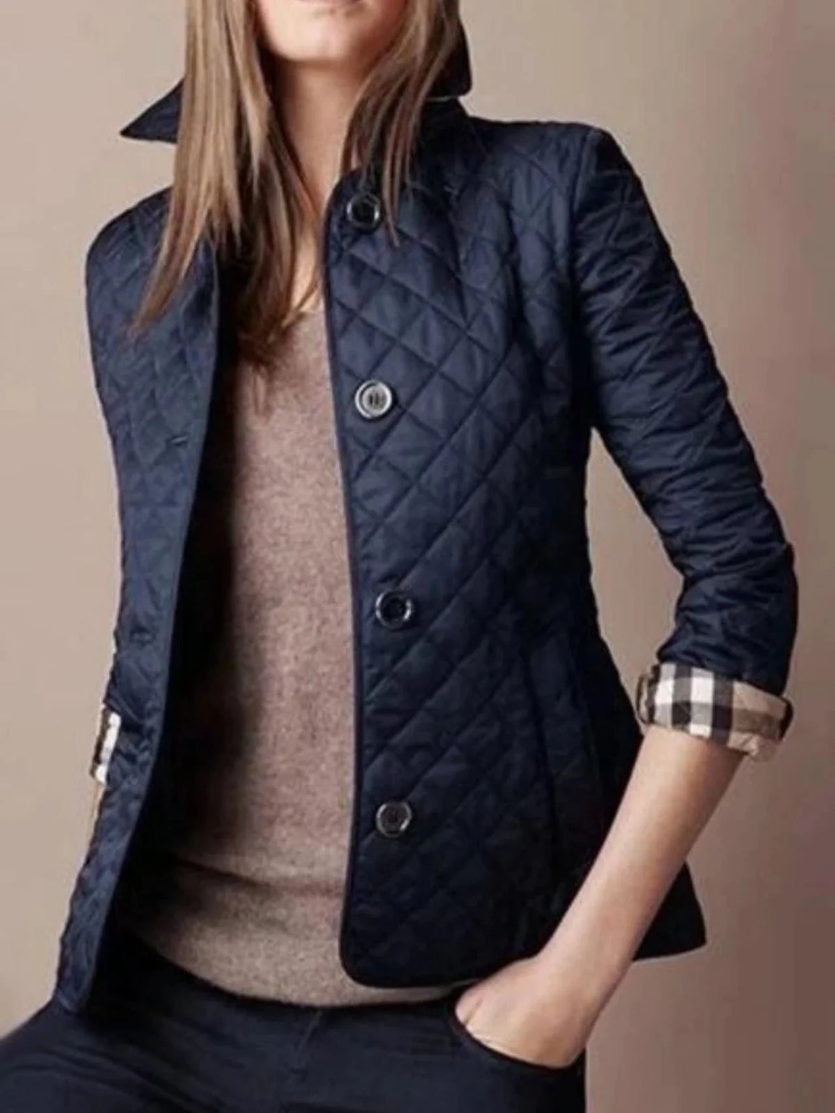 Quilted Jacket Lightweight Warmth Snap-Button Closure Turn-Down Collar