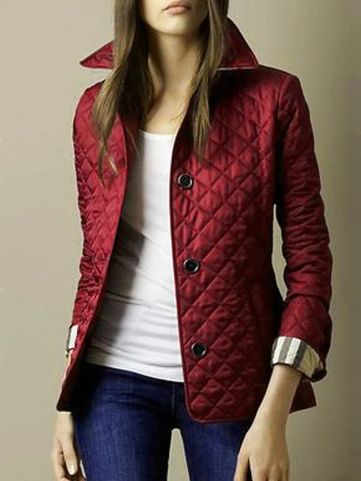 Quilted Jacket Lightweight Warmth Snap-Button Closure Turn-Down Collar