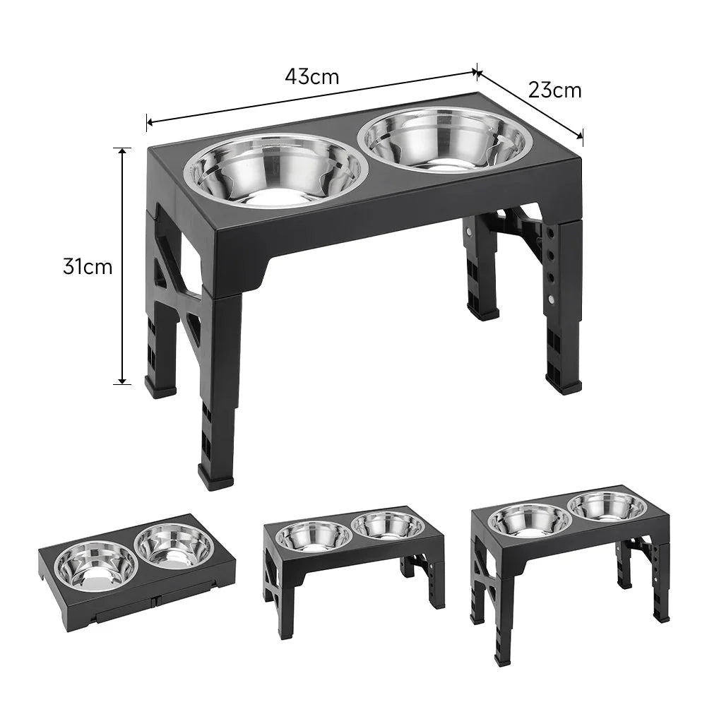 Raised Dog Feeder Adjustable Tilt Stainless Steel & Slow-Feed Bowls