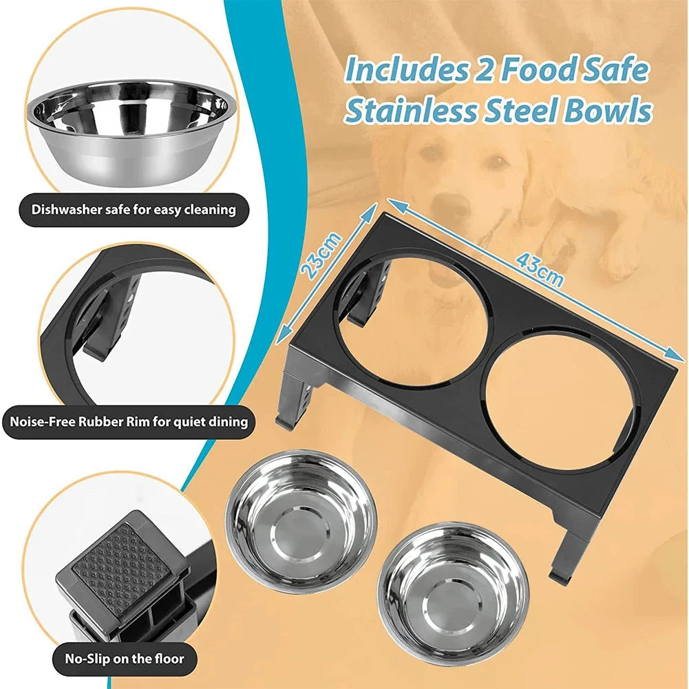 Raised Dog Feeder Adjustable Tilt Stainless Steel & Slow-Feed Bowls