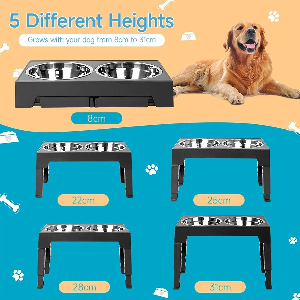 Raised Dog Feeder Adjustable Tilt Stainless Steel & Slow-Feed Bowls
