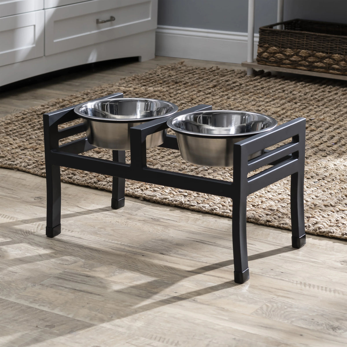 Raised Dog Feeder Two Stainless Steel Bowls Non-Slip