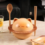 Ramen Bowl Set Ceramic Cat Lid Spoon & Chopsticks