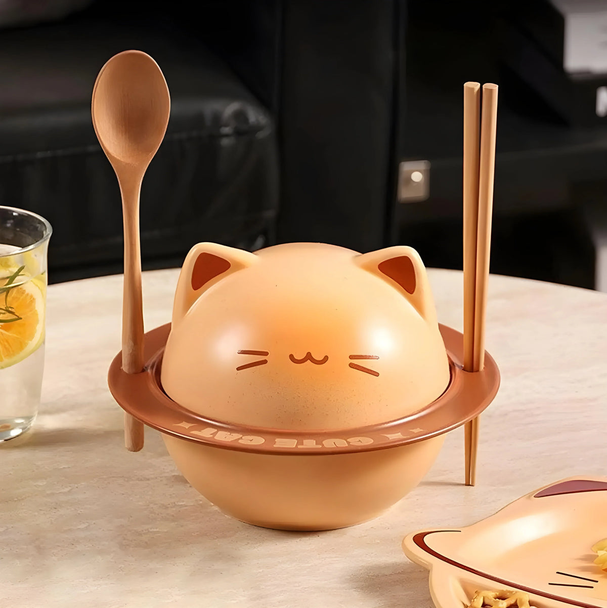Ramen Bowl Set Ceramic Cat Lid Spoon & Chopsticks