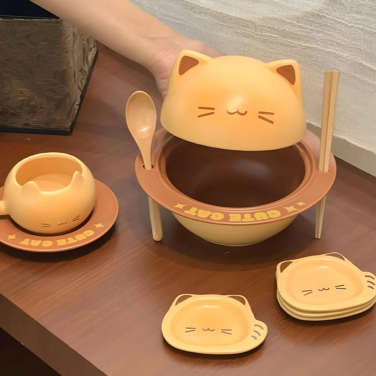 Ramen Bowl Set Ceramic Cat Lid Spoon & Chopsticks