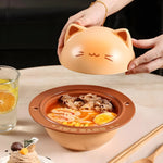 Ramen Bowl Set Ceramic Cat Lid Spoon & Chopsticks